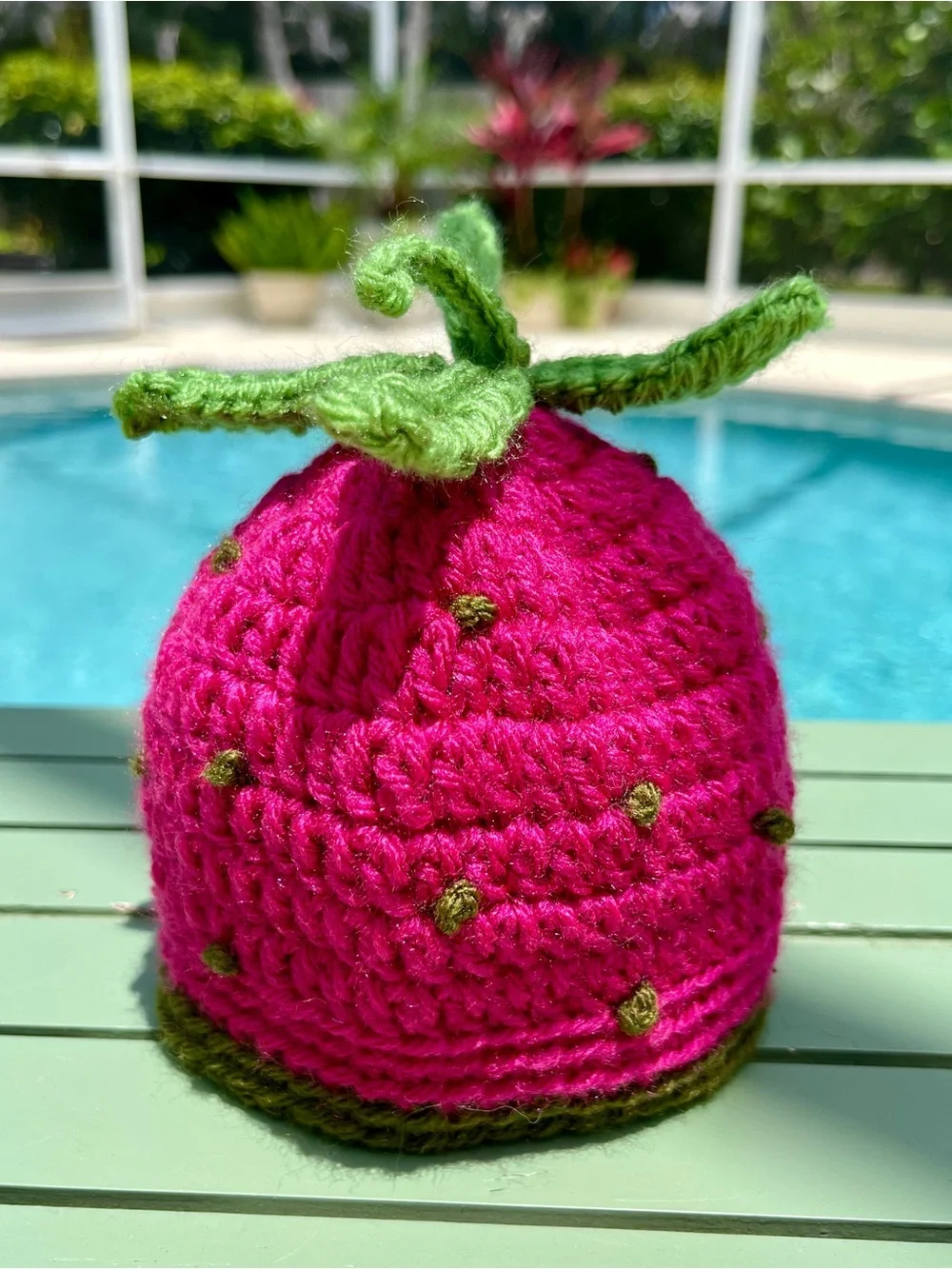 Raspberry Crochet Baby Hat with Green Leaf Accent